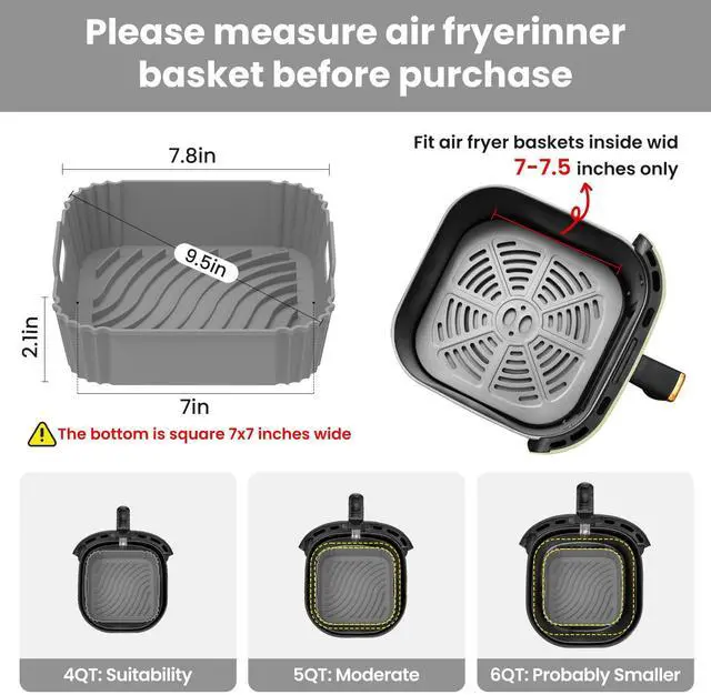 Alt view image 3 of 7 - Silicone Air Fryer Liners, Square Reusable Non-Stick Basket Inserts for 4-5 QT Air Fryers, Dishwasher Safe Parchment Paper Replacement Accessories Gray & Black