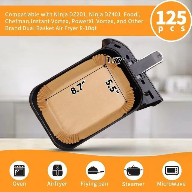 Alt view image 2 of 7 - Air Fryer Liners Disposable for Ninja Airfryer: 125pcs 8.7x5.5" Rectangle Parchment Paper for Air Fryer Dual Basket Ninja DZ201 DZ401 Foodi 8Qt and Above Air Fryer liner Accessories