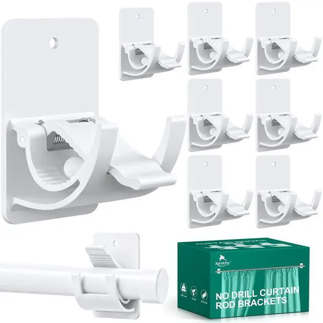 Main image of No Drill Curtain Rod Brackets, 4 Pack Adhesive Holders for Rental Homes