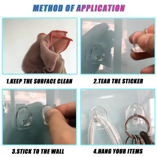 Alt view image 3 of 6 - Traceless Clear Plastic Adhesive Hooks No Damage Transparent Reusable Seamless Hooks Sticky Hangers with Non Marking Sticker for Kitchen Bathroom Bedroom Office Wall3*2.4Cm/1.18*0.94Inches