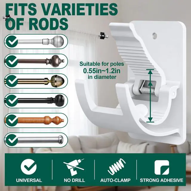 Alt view image 4 of 7 - No Drill Curtain Rod Brackets, 4 Pack Adhesive Holders for Rental Homes