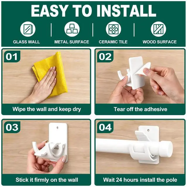 Alt view image 7 of 7 - No Drill Curtain Rod Brackets, 4 Pack Adhesive Holders for Rental Homes