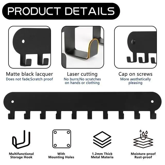 Alt view image 3 of 7 - Key Holder for Wall, Key Hooks with 10 Hooks, Black