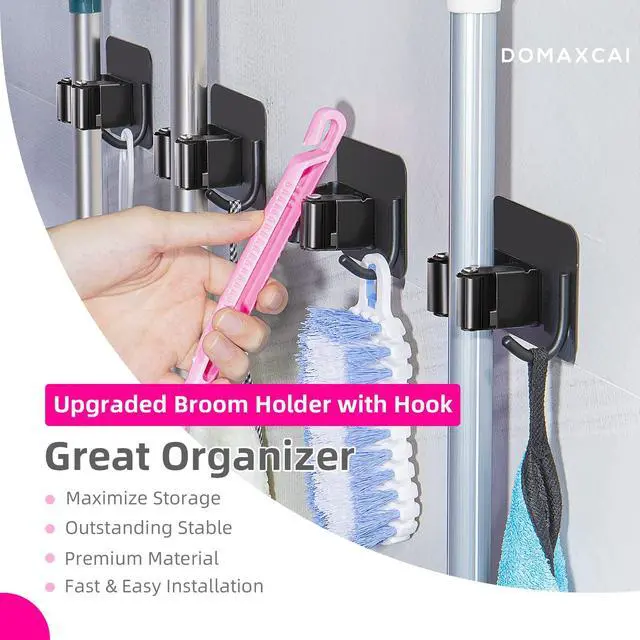 Alt view image 2 of 7 - Anti-Slip Broom Holder, Space-Saving, Damage-Free Wall Mount, Stainless Steel, Black