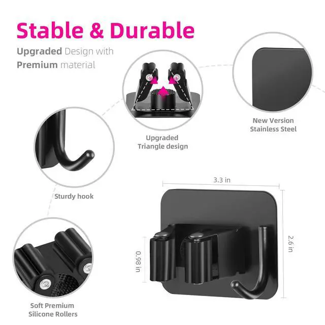 Alt view image 3 of 7 - Anti-Slip Broom Holder, Space-Saving, Damage-Free Wall Mount, Stainless Steel, Black