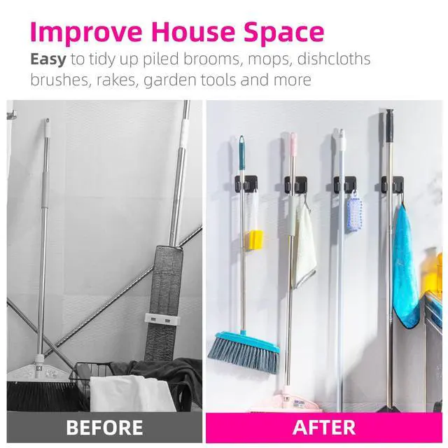 Alt view image 4 of 7 - Anti-Slip Broom Holder, Space-Saving, Damage-Free Wall Mount, Stainless Steel, Black