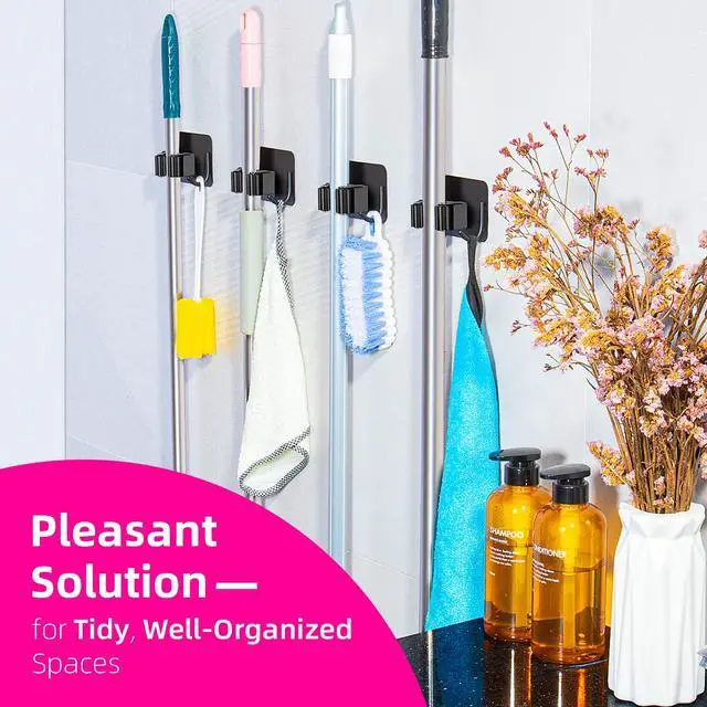 Alt view image 7 of 7 - Anti-Slip Broom Holder, Space-Saving, Damage-Free Wall Mount, Stainless Steel, Black