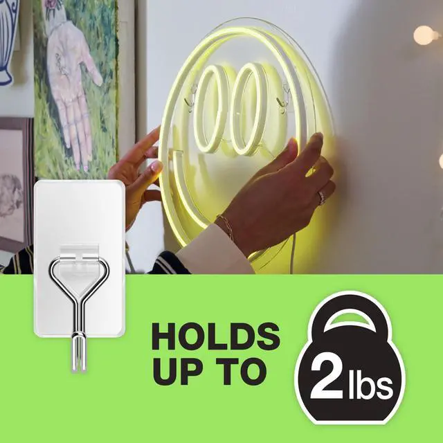 Alt view image 2 of 7 - Medium Wire Hooks - 6 Clear Hooks & 8 Adhesive Strips - Holds up to 2 lbs - Damage Free Adhesive Hook - Removable & Reusable Wall Hooks for Hanging - No Nails (Pack of 6)