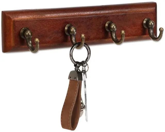 Main image of Key Holder Wall Mount Adhesive, Easy Removal Super Adhesive Tapes, No Damage Small Key Rack with 4 Hooks for Entryway Door Bathroom and Kitchen (Brown)