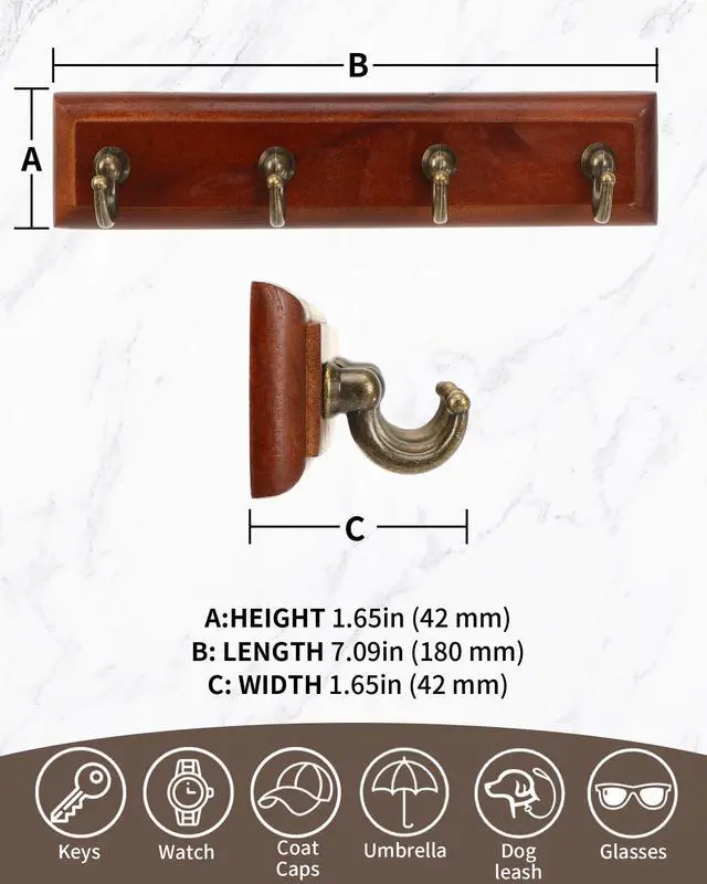 Alt view image 4 of 7 - Key Holder Wall Mount Adhesive, Easy Removal Super Adhesive Tapes, No Damage Small Key Rack with 4 Hooks for Entryway Door Bathroom and Kitchen (Brown)