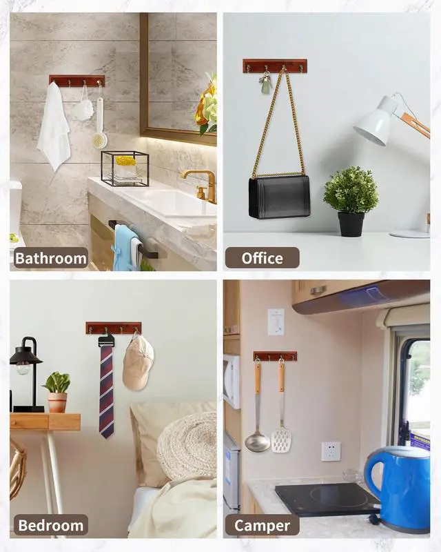 Alt view image 6 of 7 - Key Holder Wall Mount Adhesive, Easy Removal Super Adhesive Tapes, No Damage Small Key Rack with 4 Hooks for Entryway Door Bathroom and Kitchen (Brown)