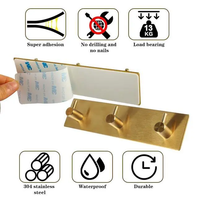 Alt view image 7 of 7 - Holder for Wall Decorative, Adhesive Stainless Steel Key Hooks, Key Hanger Key Organizer for Wall, Towel Hook Coat Hanger for Entryway Hallway Kitchen(Three Rows,Golden 1PCS)