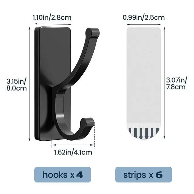 Alt view image 4 of 7 - Adhesive Wall Hooks with Strip - No Residue, Easy to Remove, Strong Heavy Duty Sticky Towel Hook, 4 Pack Black