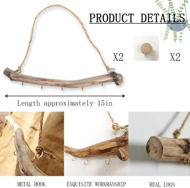 Alt view image 2 of 7 - Driftwood Wall Decor, 15 Inch Branch Jewelry Organizer, 5 Hooks