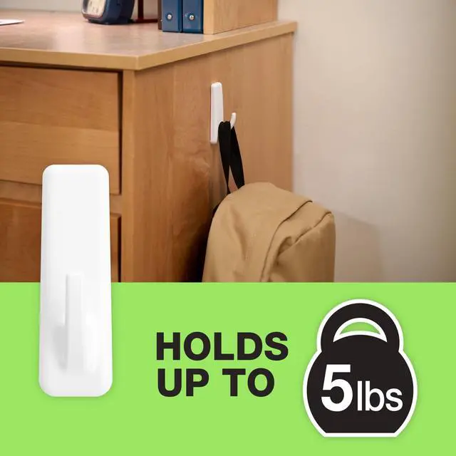 Alt view image 2 of 7 - Utility Wall Hook Damage Free - 6 Reusable Hooks & 12 Adhesive Strips - Holds up to 5 lbs - Removable Adhesive Large Utility Wall Hooks for Hanging - No Nails - White (Pack of 6)