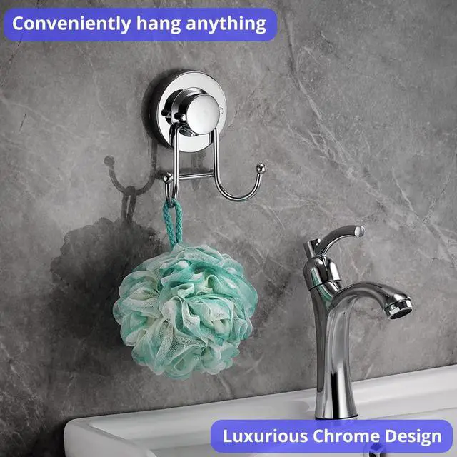 Alt view image 2 of 7 - Cup Hooks for Shower & Bathroom Towel Holder 2-Pack Suction Cups Hooks for Hanging Towels, Robes, & Coats - Tiles, Glass Door or Mirror Shower and Towel Hooks - Chrome, Stainless
