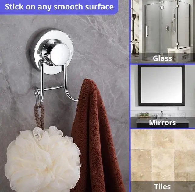 Alt view image 3 of 7 - Cup Hooks for Shower & Bathroom Towel Holder 2-Pack Suction Cups Hooks for Hanging Towels, Robes, & Coats - Tiles, Glass Door or Mirror Shower and Towel Hooks - Chrome, Stainless