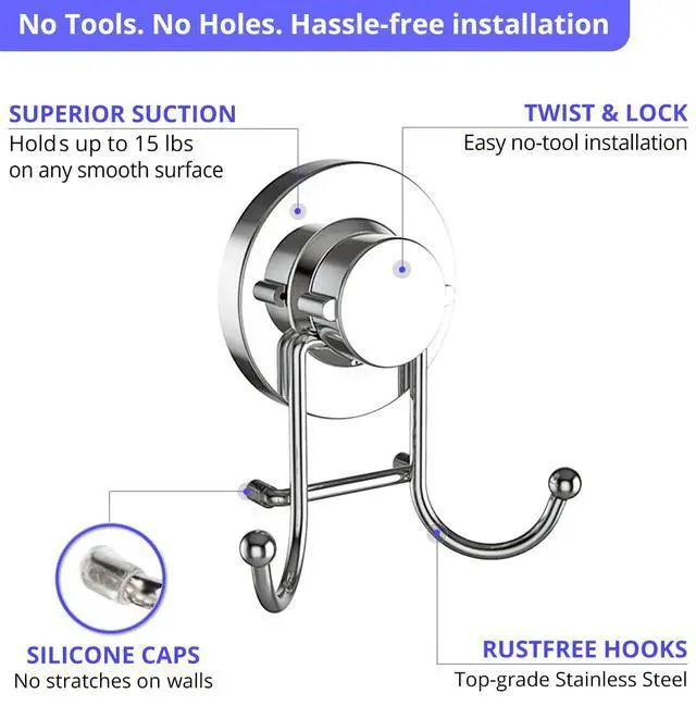 Alt view image 4 of 7 - Cup Hooks for Shower & Bathroom Towel Holder 2-Pack Suction Cups Hooks for Hanging Towels, Robes, & Coats - Tiles, Glass Door or Mirror Shower and Towel Hooks - Chrome, Stainless
