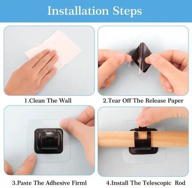 Alt view image 4 of 7 - Curtain Rod Bracket No Drilling, 8 PCS Self Adhesive Curtain Rod Holders, Non Drill Sticky Nail Free Drillless Rods Hanger Hooks Holder Brackets for Wall Home Kitchen Bedroom Bathroom Hotel (Black)