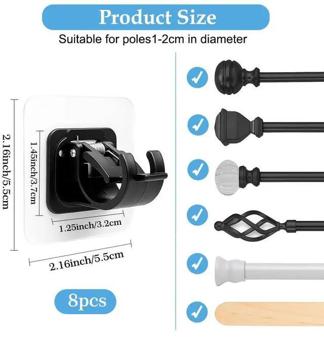 Alt view image 2 of 7 - Curtain Rod Bracket No Drilling, 8 PCS Self Adhesive Curtain Rod Holders, Non Drill Sticky Nail Free Drillless Rods Hanger Hooks Holder Brackets for Wall Home Kitchen Bedroom Bathroom Hotel (Black)