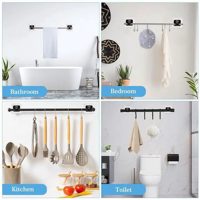 Alt view image 5 of 7 - Curtain Rod Bracket No Drilling, 8 PCS Self Adhesive Curtain Rod Holders, Non Drill Sticky Nail Free Drillless Rods Hanger Hooks Holder Brackets for Wall Home Kitchen Bedroom Bathroom Hotel (Black)