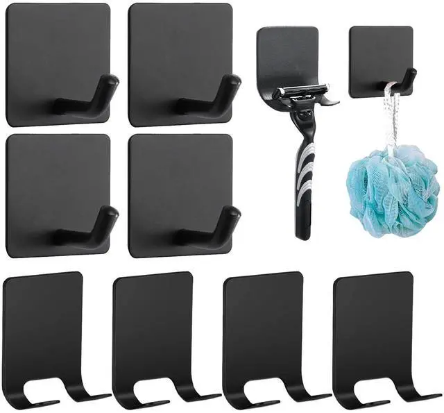 Main image of Adhesive Hooks, 4 Pack Razor Holder for Shower and 4 Heavy Duty Waterproof Sticky Hooks for Hanging Towels, Loofah, Coat, Hat (Black)