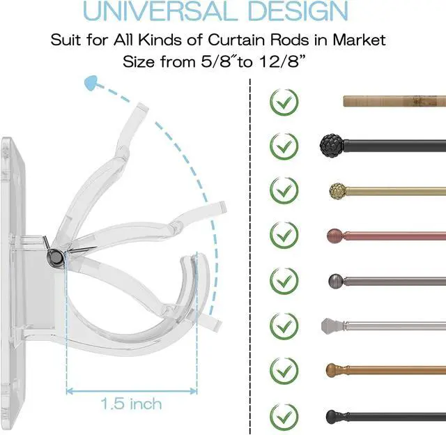 Alt view image 2 of 7 - No Drill Curtain Brackets, Self-Adhesive Rods, Adjustable Curtain Hooks for Rods Under 1.57 Inch (Transparent)