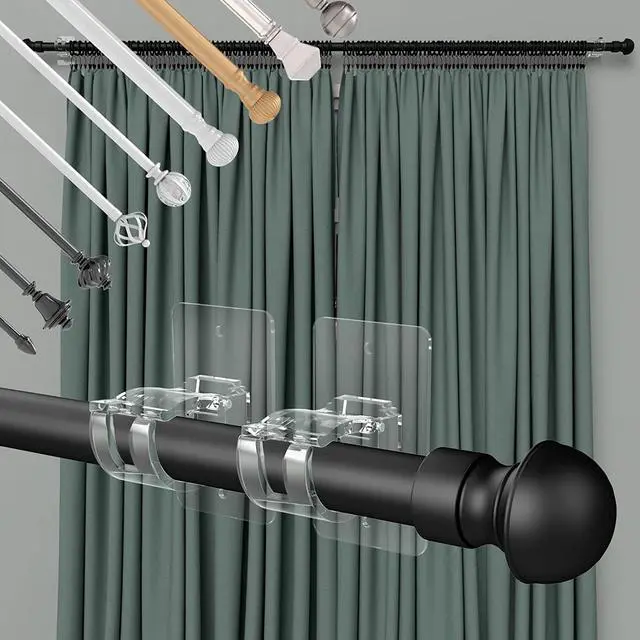 Alt view image 7 of 7 - No Drill Curtain Brackets, Self-Adhesive Rods, Adjustable Curtain Hooks for Rods Under 1.57 Inch (Transparent)