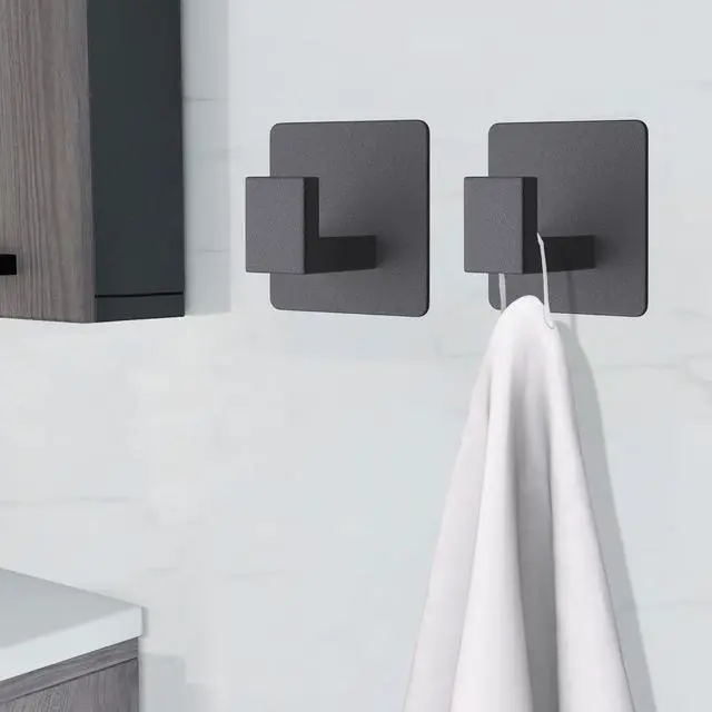 Alt view image 5 of 7 - Adhesive Towel Hooks, Heavy Duty Wall Hooks Aluminum Hooks Stick on Door, Kitchen, Bathroom for Hanging Coat, Hat, Towel, Robe, Clothes (Black)