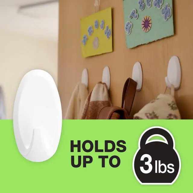 Alt view image 2 of 7 - Heavy Duty Wall Hooks - 8 Hooks and 12 Strips - Holds up to 3 lbs - No Damage - Easy to Remove & Reuse - Medium Wall Hook with Adhesive Strips - White (Pack of 8)