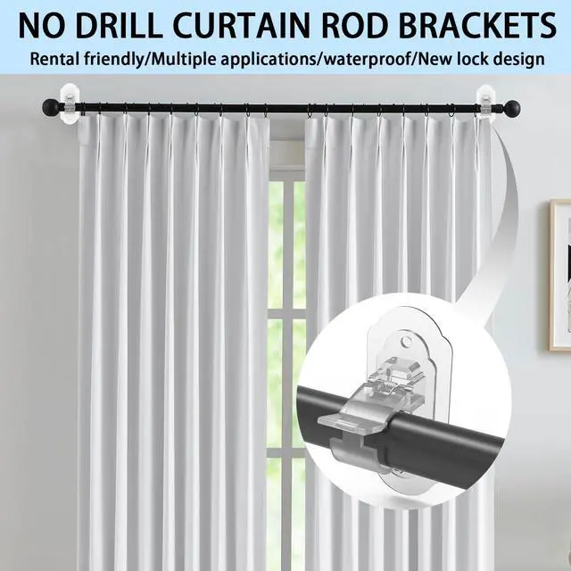 Alt view image 3 of 7 - No Drill Curtain Rod Brackets No Drill Needed Curtain Rod Holders, Adhesive Curtain Rod HolderMultipurpose Nail Free Stick on Curtain Rod Hooks Self Adhesive Rod Holder HooksClear 4Pcs