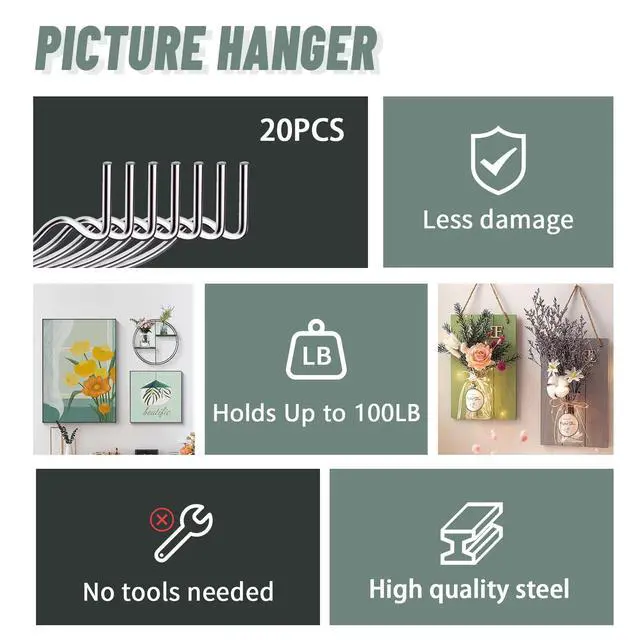 Alt view image 3 of 7 - Super Hook Picture Hangers and Office Pack, Drywall Hooks for Hanging Pictures, Wall Hooks, Picture Hangers, Picture Hanging KitHang Art, Clock, Shelves, Mirrors