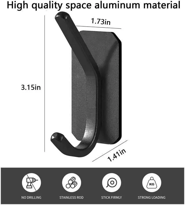 Alt view image 2 of 7 - Heavy Duty Adhesive Wall Hooks, 30 lb Max Load Waterproof Hooks for Bathroom Towels Coats Bags, No Drill Damage-Free for Renters Apartment Dorm, Matte Black, 4 Pack