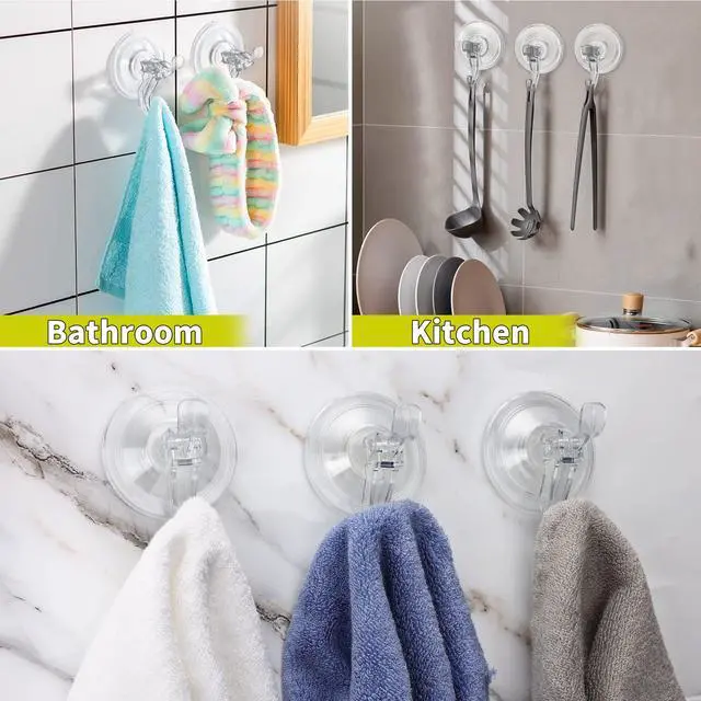 Alt view image 4 of 7 - Suction Cup Hooks, Clear Suction Cup Hanger, Removable Small Suction Cups for Shower, Bathroom, Glass, Door, Windows, Kitchen-Max Hanging up to 11 lbs on Smooth Surface