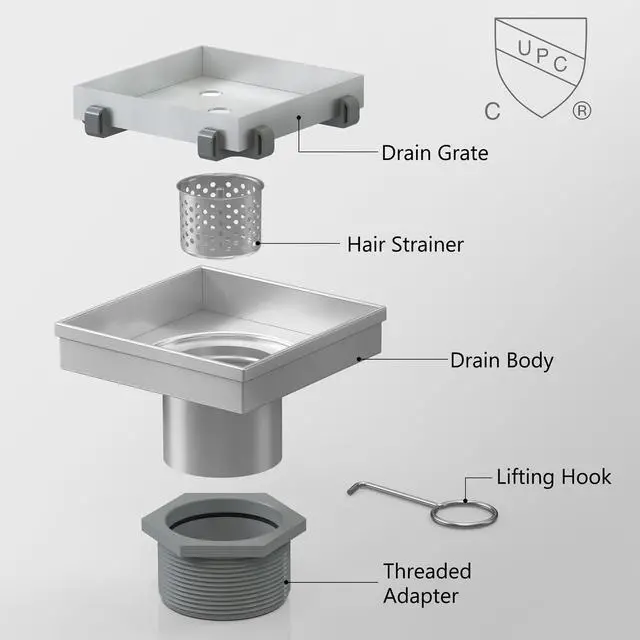Alt view image 3 of 7 - lnch Square Shower Drain with Tile Insert Grate, Brushed