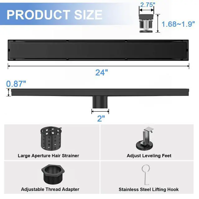 Alt view image 3 of 7 - 24 Inch Linear Shower Drain-Matte Black, with Tile Insert Grate