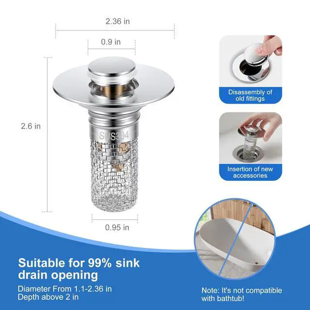 Alt view image 3 of 7 - Bathroom Sink Drain Strainer, Pop-up Sink Stopper Hair Catcher with Removable 304 Stainless Steel Strainer Basket Hair Catcher, Bathroom Sink Strainer for Bathroom Sink Stopper Replacement, 2 PCS