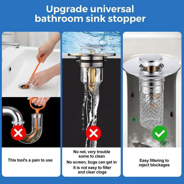 Alt view image 5 of 7 - Bathroom Sink Drain Strainer, Pop-up Sink Stopper Hair Catcher with Removable 304 Stainless Steel Strainer Basket Hair Catcher, Bathroom Sink Strainer for Bathroom Sink Stopper Replacement, 2 PCS