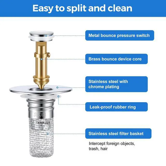 Alt view image 4 of 7 - Bathroom Sink Drain Strainer, Pop-up Sink Stopper Hair Catcher with Removable 304 Stainless Steel Strainer Basket Hair Catcher, Bathroom Sink Strainer for Bathroom Sink Stopper Replacement, 2 PCS