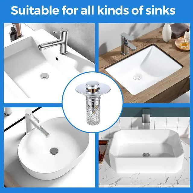 Alt view image 6 of 7 - Bathroom Sink Drain Strainer, Pop-up Sink Stopper Hair Catcher with Removable 304 Stainless Steel Strainer Basket Hair Catcher, Bathroom Sink Strainer for Bathroom Sink Stopper Replacement, 2 PCS