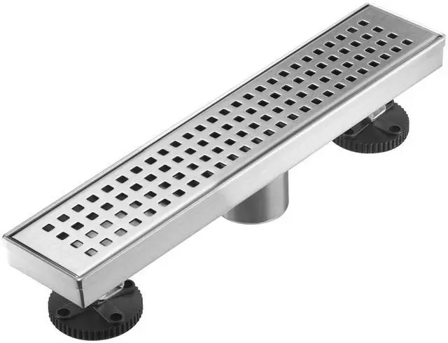 Main image of Linear Shower Floor Drain, Brushed Nickel 12 Inch 304 Stainless Steel Bathroom Drains Kit, Long Rectangular Shower Trench Drain with Square Pattern Drain Cover & Hair Catcher