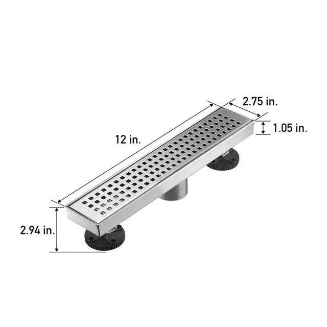 Alt view image 5 of 7 - Linear Shower Floor Drain, Brushed Nickel 12 Inch 304 Stainless Steel Bathroom Drains Kit, Long Rectangular Shower Trench Drain with Square Pattern Drain Cover & Hair Catcher