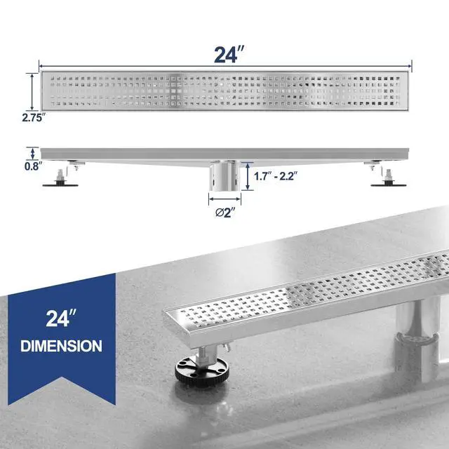 Alt view image 2 of 7 - Linear Shower Drain, Polished 304 SS Bathroom Linear Drain