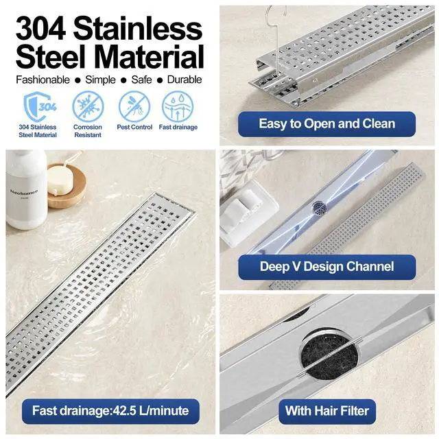 Alt view image 3 of 7 - Linear Shower Drain, Polished 304 SS Bathroom Linear Drain