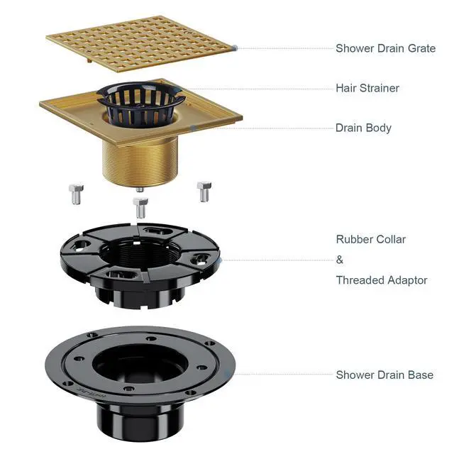Alt view image 5 of 7 - Inch Square Shower Floor Drain wth Flange and Hair Strainer