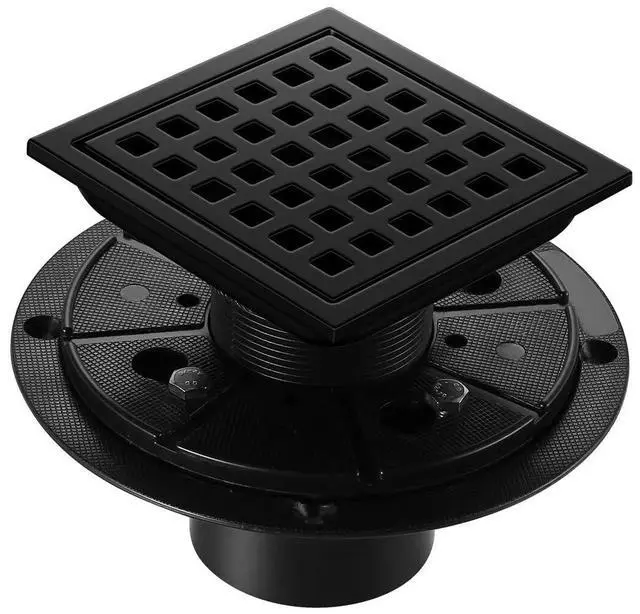 Main image of Shower Drain, Matte Black 4 inch Square Shower Floor Drain with Flange, Removeable Grid Panel SUS 304 Stainless Steel Square Shower Drain