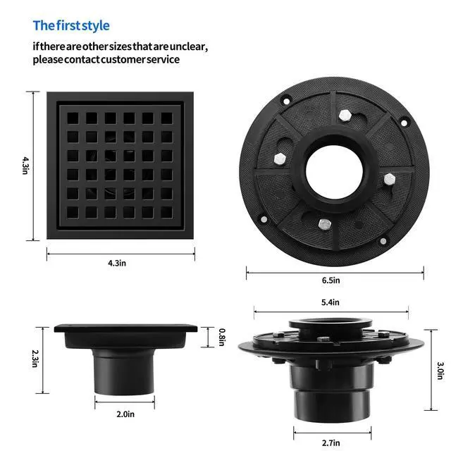 Alt view image 2 of 7 - Shower Drain, Matte Black 4 inch Square Shower Floor Drain with Flange, Removeable Grid Panel SUS 304 Stainless Steel Square Shower Drain