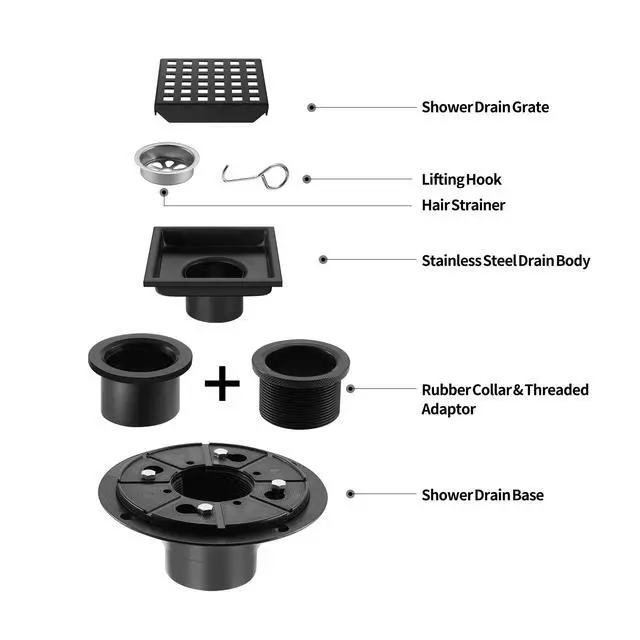 Alt view image 3 of 7 - Shower Drain, Matte Black 4 inch Square Shower Floor Drain with Flange, Removeable Grid Panel SUS 304 Stainless Steel Square Shower Drain