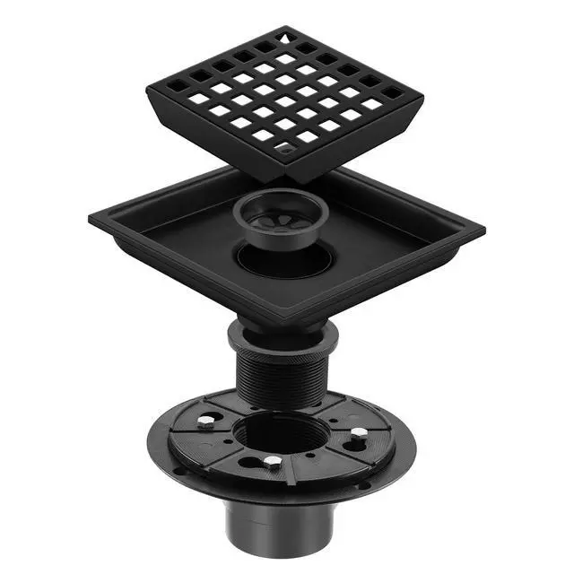 Alt view image 4 of 7 - Shower Drain, Matte Black 4 inch Square Shower Floor Drain with Flange, Removeable Grid Panel SUS 304 Stainless Steel Square Shower Drain