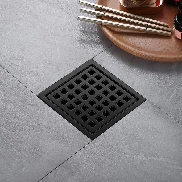 Alt view image 5 of 7 - Shower Drain, Matte Black 4 inch Square Shower Floor Drain with Flange, Removeable Grid Panel SUS 304 Stainless Steel Square Shower Drain